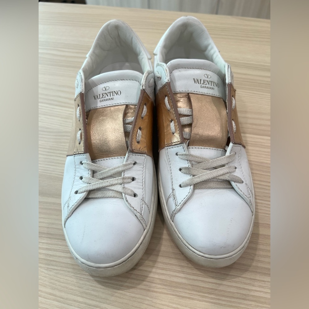 Valentino rockstud open White Sneakers with rose Gold Accents